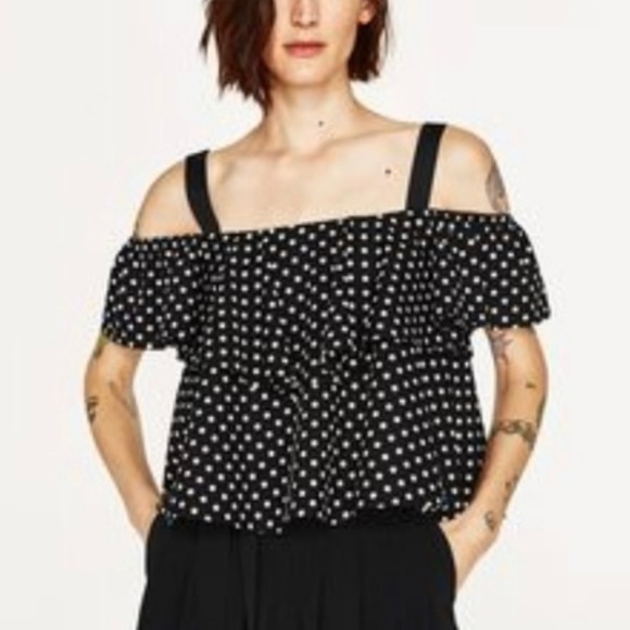 Zara Basic Women’s Black & White Polka Dot Off Shoulder Top - Size XS - Picture 1 of 5